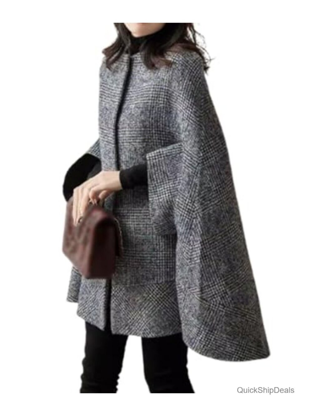 Women's Plaid Cape Coat 3/4 Sleeve Single Breasted Button Cloak Poncho Winter
